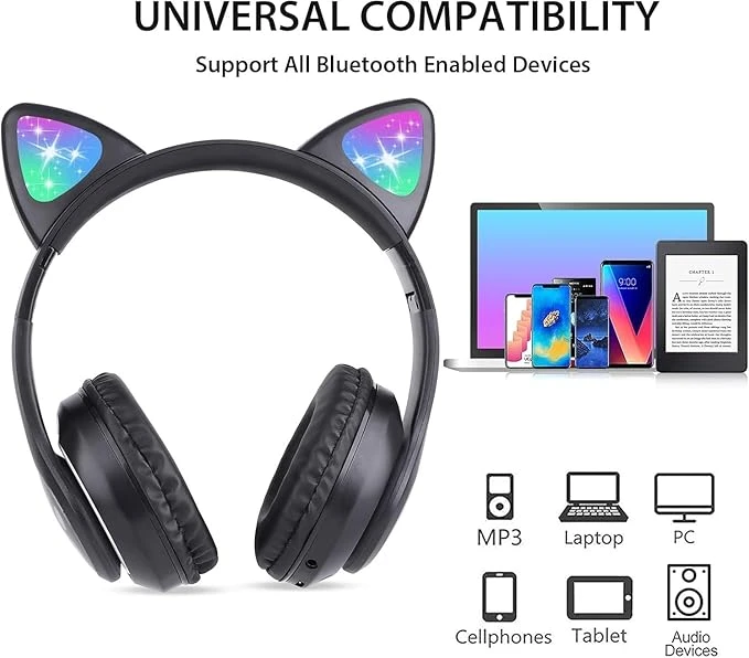 سماعات رأس بلوتوث لاسلكية بتصميم أذن القط تغطي الأذن بالكامل مع أضواء ليد وتصميم قابلة للطي مع ميكروفون للأطفال والبنات والمدرسة والسفر والاستماع للموسيقى ومشاهدة الأفلام من ابوتو