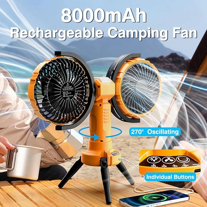 مروحة تخييم خارجية مزدوجة الرأس من نوتكسون F7300 مع بطارية قابلة للشحن 8000 مللي أمبير