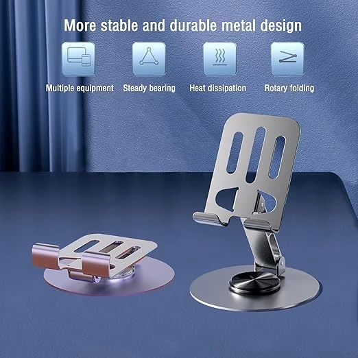 حامل هاتف محمول، حامل مكتبي للهاتف، قابل للطي، قابل للتعديل بزوايا متعددة، دوران 360 درجة، حامل هاتف معدني ثابت غير قابل للانزلاق، متوافق مع هواتف آيفون وأندرويد الذكية والأجهزة اللوحية (فضي)