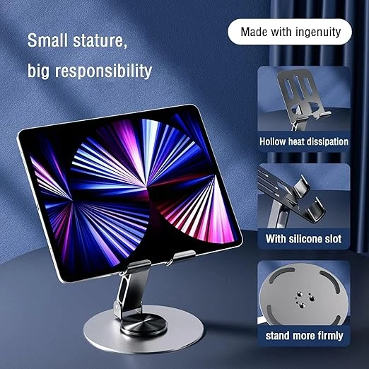 حامل هاتف محمول، حامل مكتبي للهاتف، قابل للطي، قابل للتعديل بزوايا متعددة، دوران 360 درجة، حامل هاتف معدني ثابت غير قابل للانزلاق، متوافق مع هواتف آيفون وأندرويد الذكية والأجهزة اللوحية (فضي)