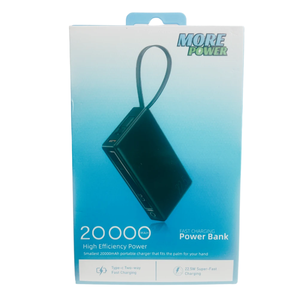 بطارية متنقلة مور بور بقوة 22.5 واط مع كيبل مدمج تايب سي بسعة 20000mAh