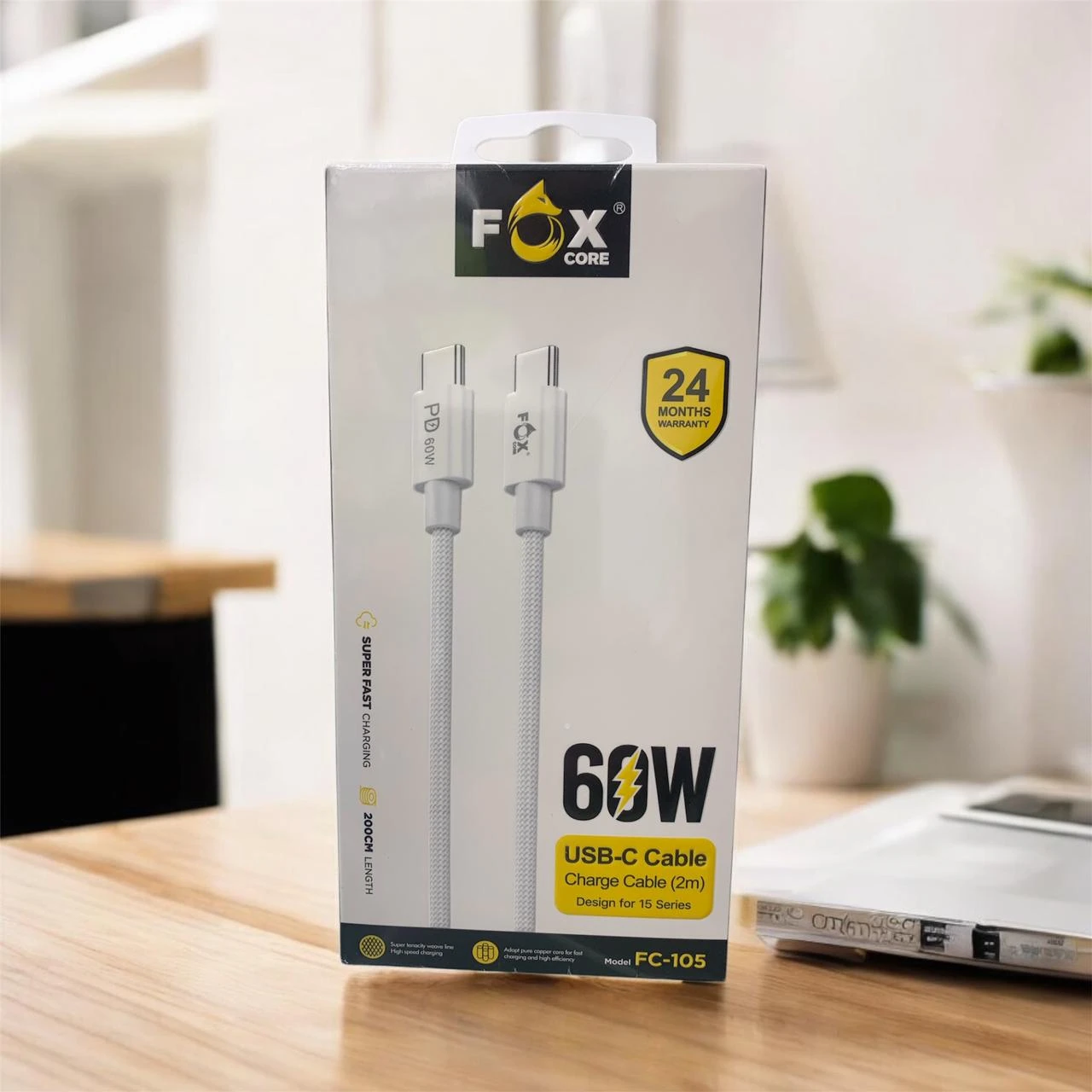 كابل USB-C إلى USB-C مضفّر، 2 متر، 60 واط PD – متوافق مع iPad وMacBook وiPhone 15 وSamsung وHuawei – Foxcore.