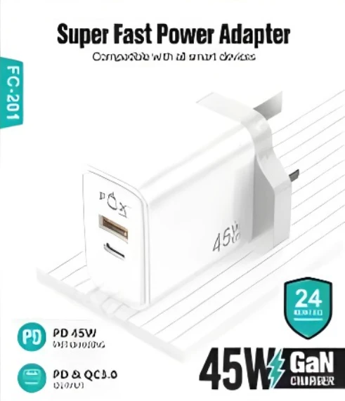 شاحن جداري بقوة 45 واط، بمنفذين شحن PD و USB ويدعم تقنية GaN من فوكس كور