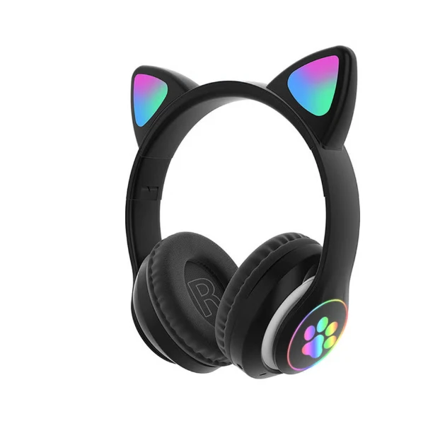 سماعات رأس بلوتوث لاسلكية بتصميم أذن القط تغطي الأذن بالكامل مع أضواء ليد وتصميم قابلة للطي مع ميكروفون للأطفال والبنات والمدرسة والسفر والاستماع للموسيقى ومشاهدة الأفلام من ابوتو