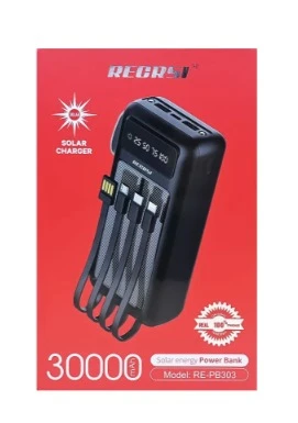 بنك طاقة شمسي بسعة 30000 مللي أمبير مع كابلات مدمجة (موديل RE-PB303)