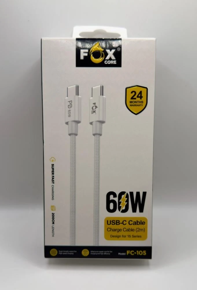كابل USB-C إلى USB-C مضفّر، 2 متر، 60 واط PD – متوافق مع iPad وMacBook وiPhone 15 وSamsung وHuawei – Foxcore.